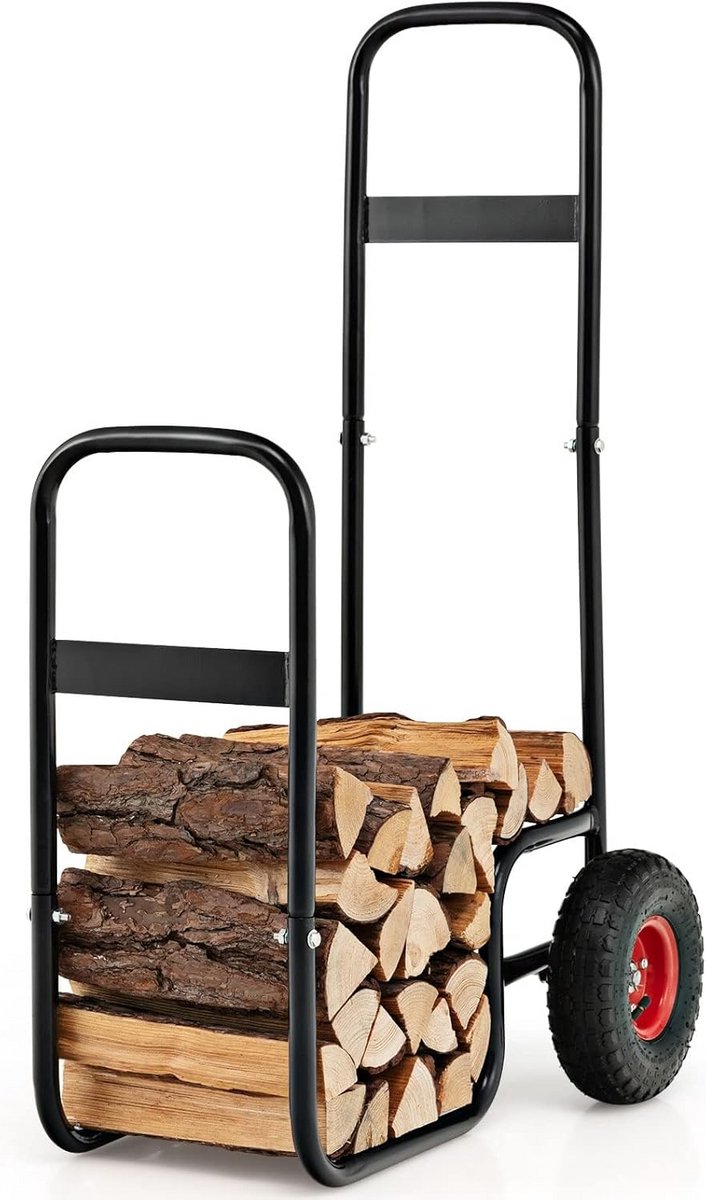 Brandhoutwagen met Wielen - Zwart Houten Wagen voor Brandhout Transport en Opslag tot 100 kg