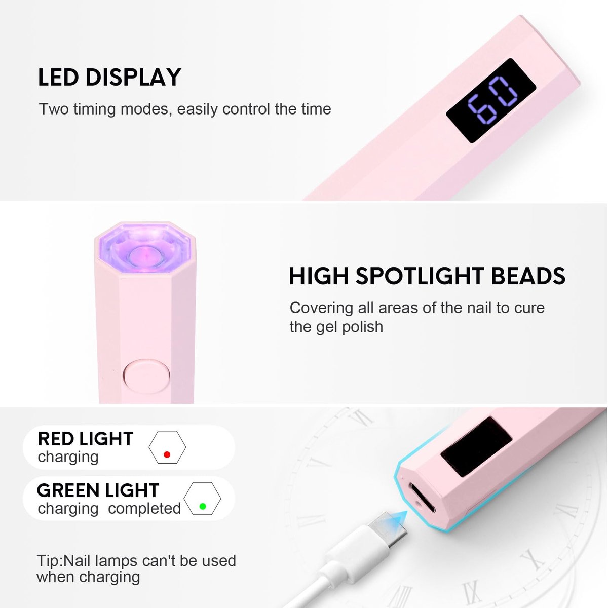 Namajunas - Mini Nagellamp - UV-lamp voor Gelnagels - Met Standaard - Oplaadbaar - Draagbare Nagellamp - LED Nagellamp - 2 Timerstanden Nageldroger - Nagel lamp - DIY-nagels - Nagelstyling — cadeau in Verzorging - foto 6