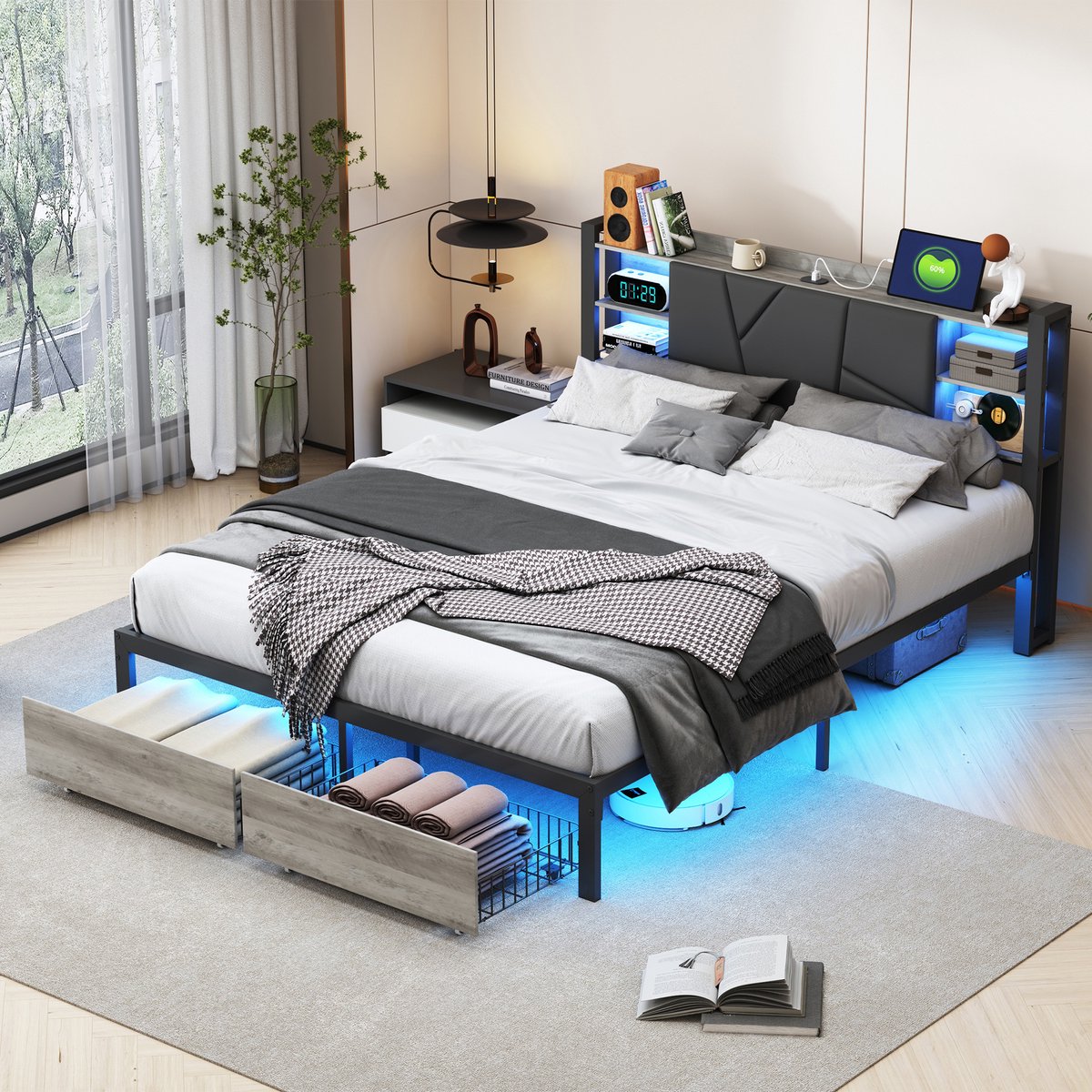 Industrieel Bed 140x200 met LED, USB & Lades – Hoofdbord met Opbergruimte