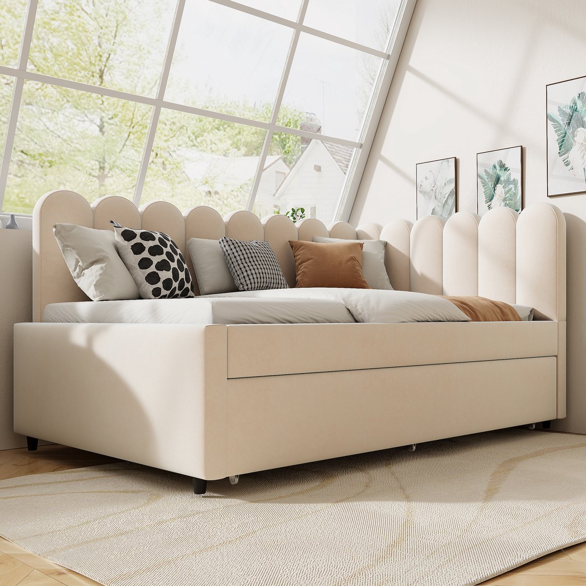 Wishdor L-vormige slaapbank 140x200 cm – Uitschuifbed & bloemvormige rugleuning – Fluweel – Beige – Perfecte hoekoplossing met romantisch design