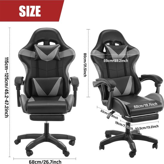 Gamingstoel met voetsteun en lage ondersteuning - Ergonomisch ontwerp met verstelbare hoofdsteun van Merkloos — afbeelding 5
