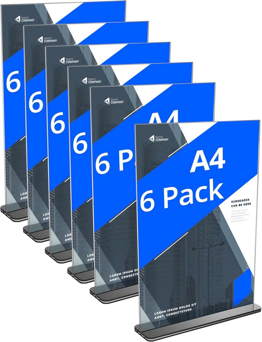 Set van 6 A4 acryl tafelstandaarden met stevige basis, dubbelzijdig