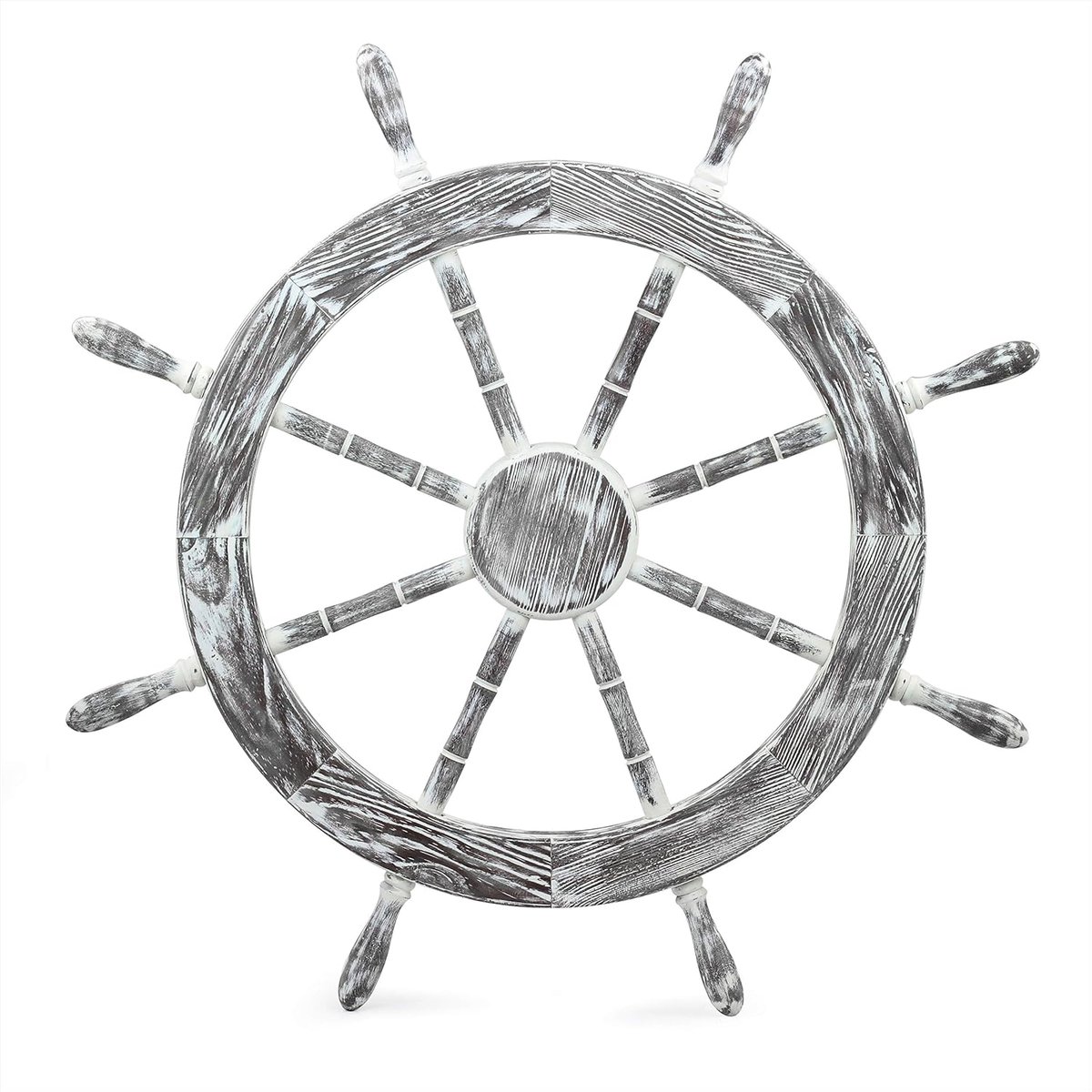 Antiek wit scheepswiel 24" - echt hout, nautisch decor, maritiem thema