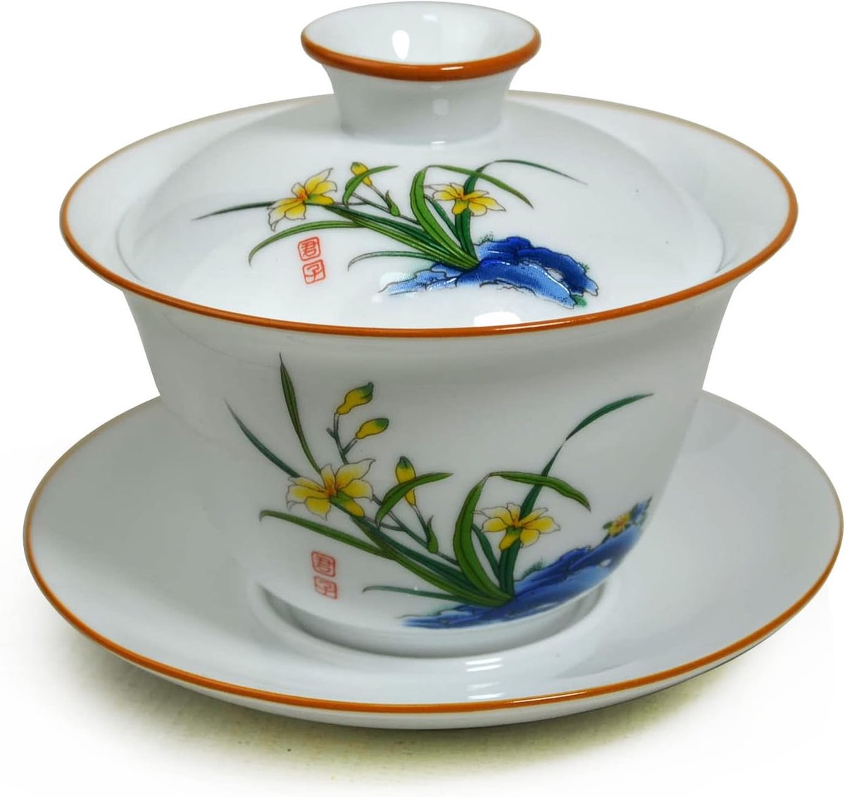 Gaiwan Theeset van Porselein - Traditioneel Chinees Theekopje met Deksel en Schotel (Wit)