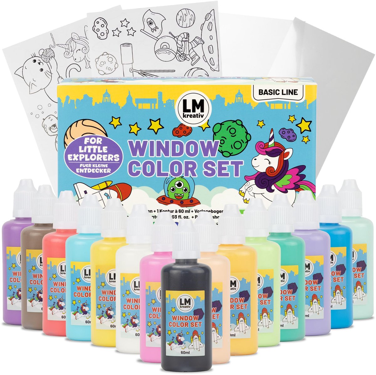 LM-Kreativ Raamverf set - Met Contourkleur - Glasverf voor knutselen - Verschillende Kleuren - 15 x 80 ml