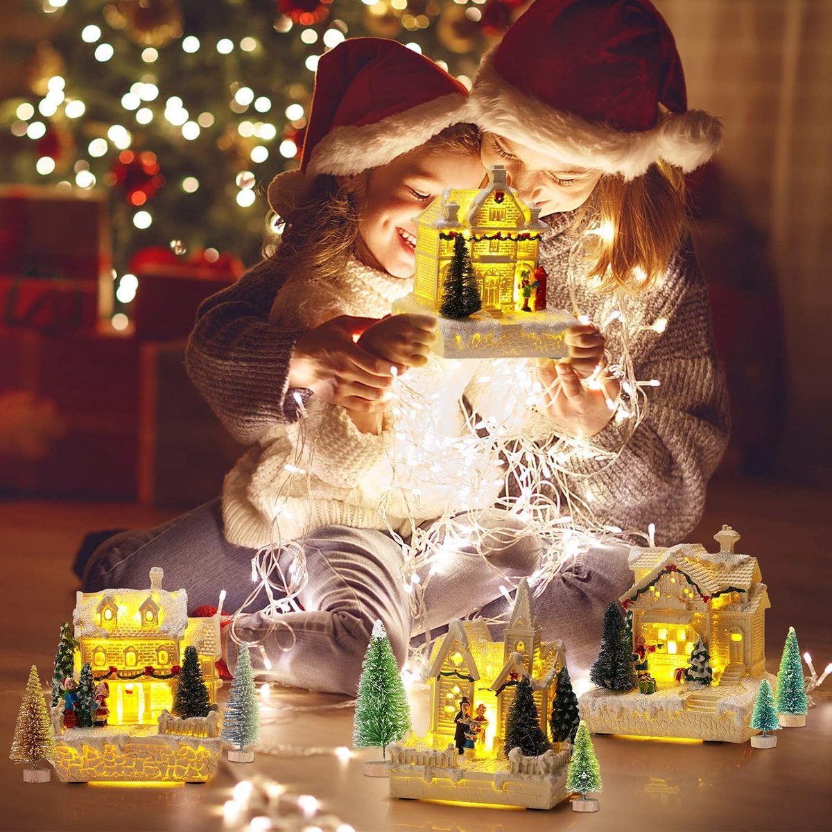 Set Kerstdorp Accessoires met Verlichte Huizen en Besneeuwde Bomen voor Tafeldecoratie – foto 3