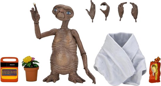 E.T. actiefiguur met losse handen, een bloem in pot, een witte handdoek, een oranje apparaat en een snoepzakje.