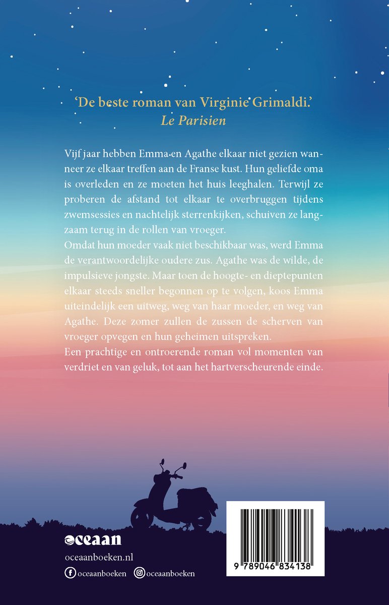 Boekomslag met tekst en een illustratie van een scooter in de avondschemering. 'De beste roman van Virginie Grimaldi.' - Le Parisien.