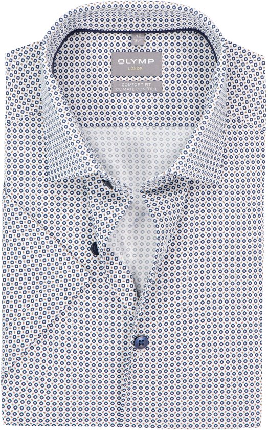 OLYMP 24/7 Luxor comfort fit overhemd - korte mouw - dobby - wit met blauw en bruin dessin