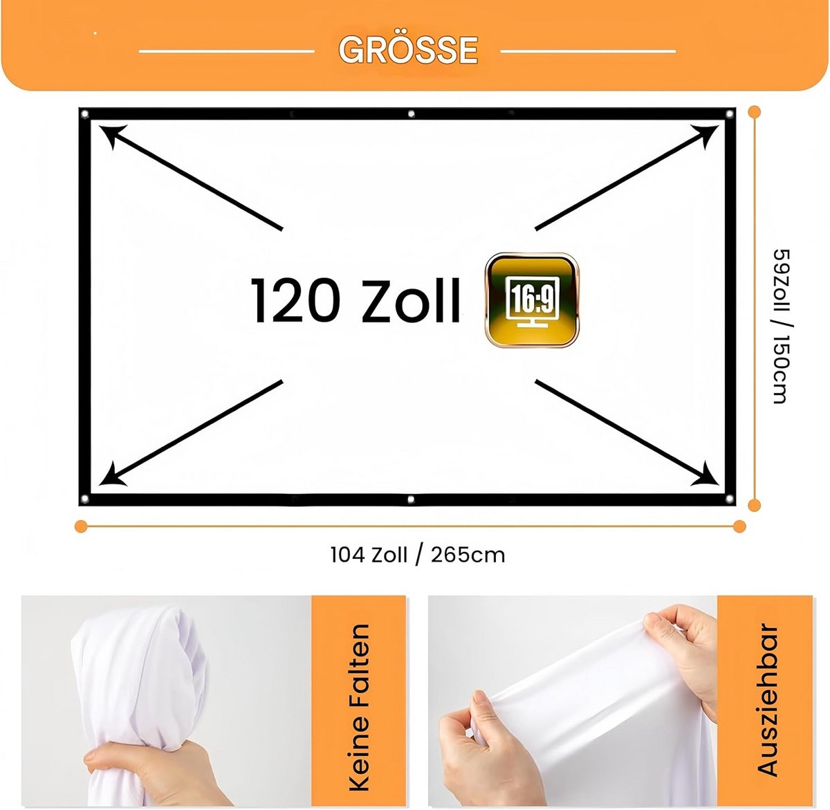 Draagbaar Beamerscherm 120 Inch - 16:9 HD Anti-Rimpel Projectiescherm voor Thuisbioscoop en Kantoor