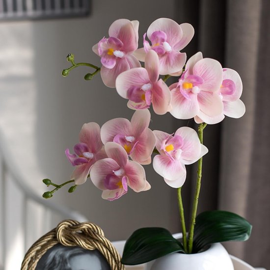 Kunstorchideeën Lichtroze 2 Bundels - Realistische Kunstbloemen met Bladeren voor Tafeldecoratie, Woondecoratie, Kantoor en Bruiloft