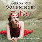 Een vrouw in een rode jurk ligt op het gras. Titel: Zilver, Gerda van Wageningen.