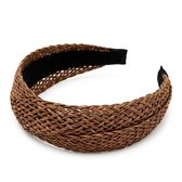 Koffiekleurige gevlochten haarband – dames diadeem in rotanlook – brede haaraccessoire met kruismotief