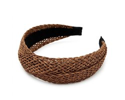 Koffiekleurige gevlochten haarband – dames diadeem in rotanlook – brede haaraccessoire met kruismotief