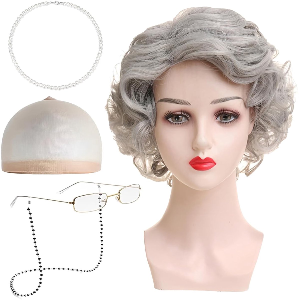 Daity 5-delige set met pruiken en accessoires voor een oudere dame, grijze damespruik, natuurlijke uitstraling, ademend en comfortabel, geschikt voor cosplay, Halloweenfeesten en podiumoptredens (grijs).