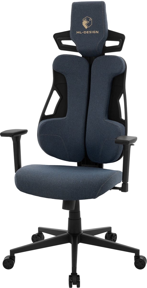 Gaming stoel met armleuning, hoofdsteun en lendensteun blauw, gemaakt van stof ML-Design