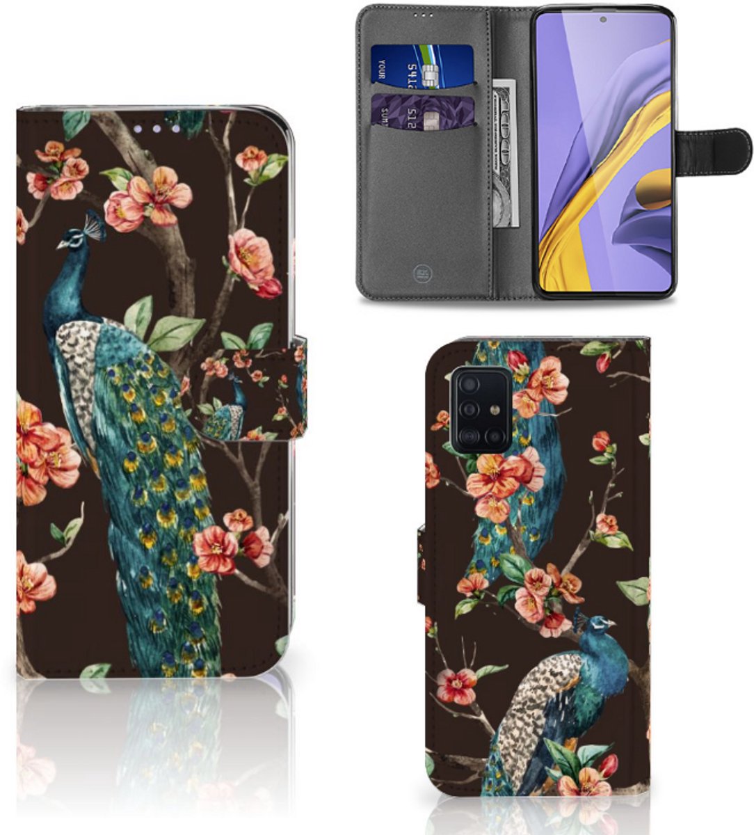Samsung Galaxy A51 Telefoonhoesje met Pasjes Pauw met Bloemen