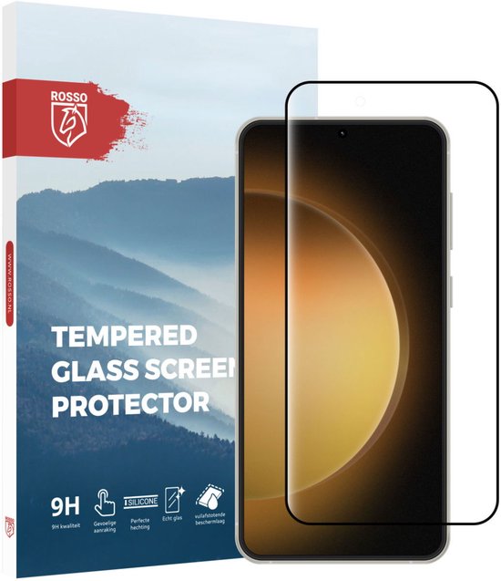 Verpakking en een gehard glas screenprotector op een Samsung Galaxy S23.