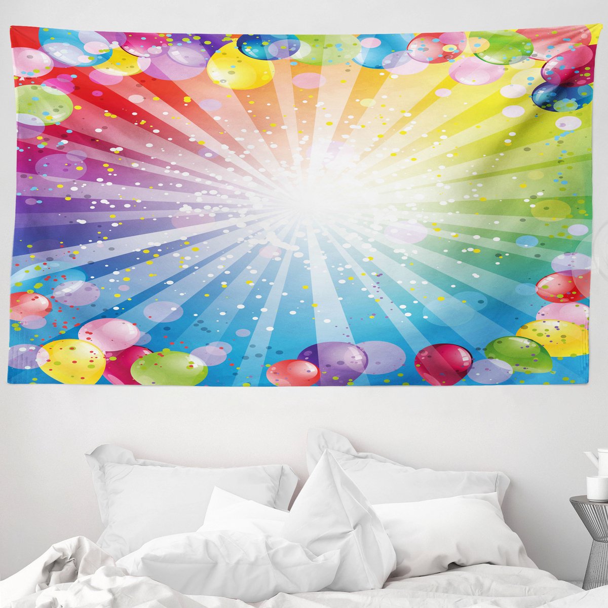 ABAKUHAUS Verjaardagstapijt, gestreept achtergrondpatroon met ballonnen en stippen, 230 x 140 cm, meerkleurig Veelkleurig