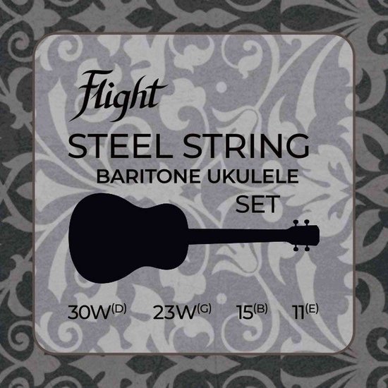 Flight stalen bariton ukelele set met DGBE-stemming en een ukuleleafbeelding.