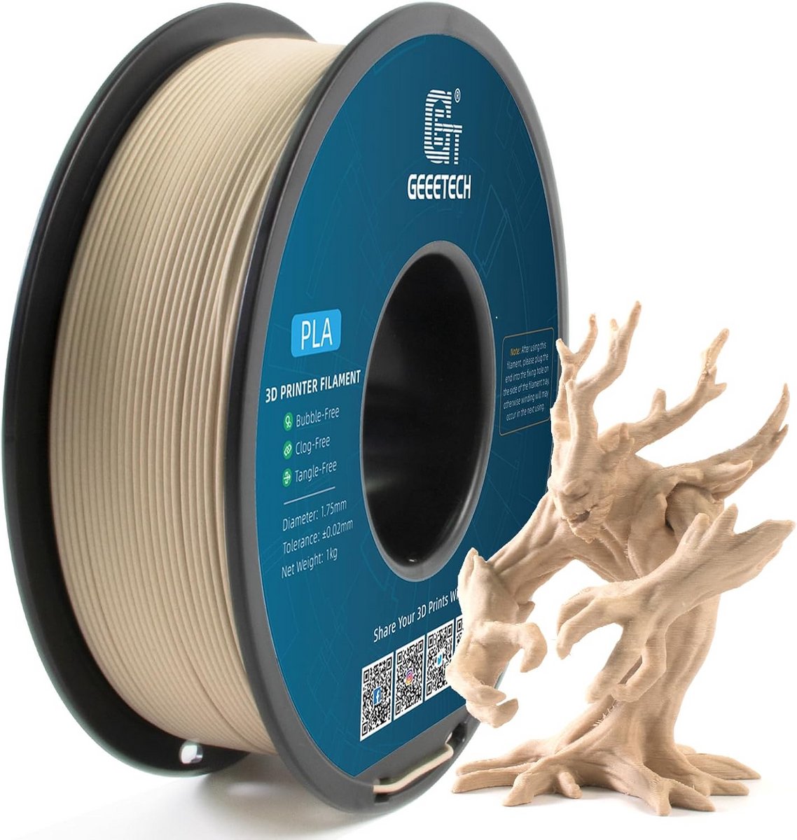 PLA 1.75mm 3D Printer Filament 1kg Spoel Houtkleur Universeel