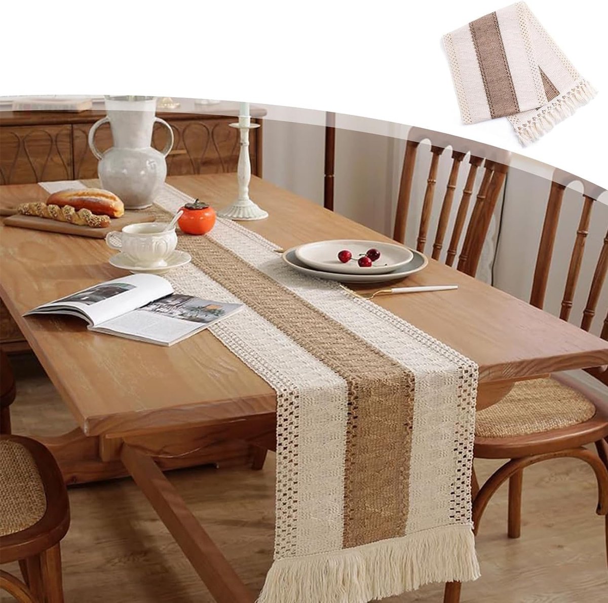 Boho Macramé Tafelloper met Franjes voor Eettafel en Bruiloft Decoratie 30x120 cm