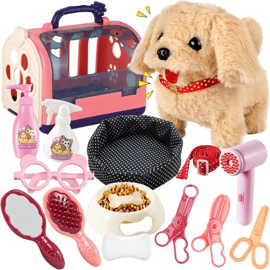 Een set speelgoed voor hondentrimmen met pluche hond, bench, bed, riem, voerbak, flesjes en borstels.