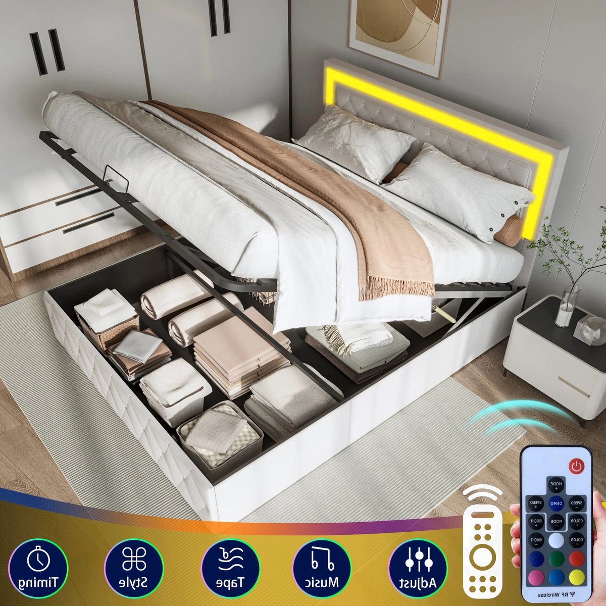 Opbergbed – Gestoffeerd Bed – Tweepersoonsbed – Stauraumbed – Hydraulisch Bed – 140x200 cm – Beige Fluweel – Met Hydraulische Opbergruimte