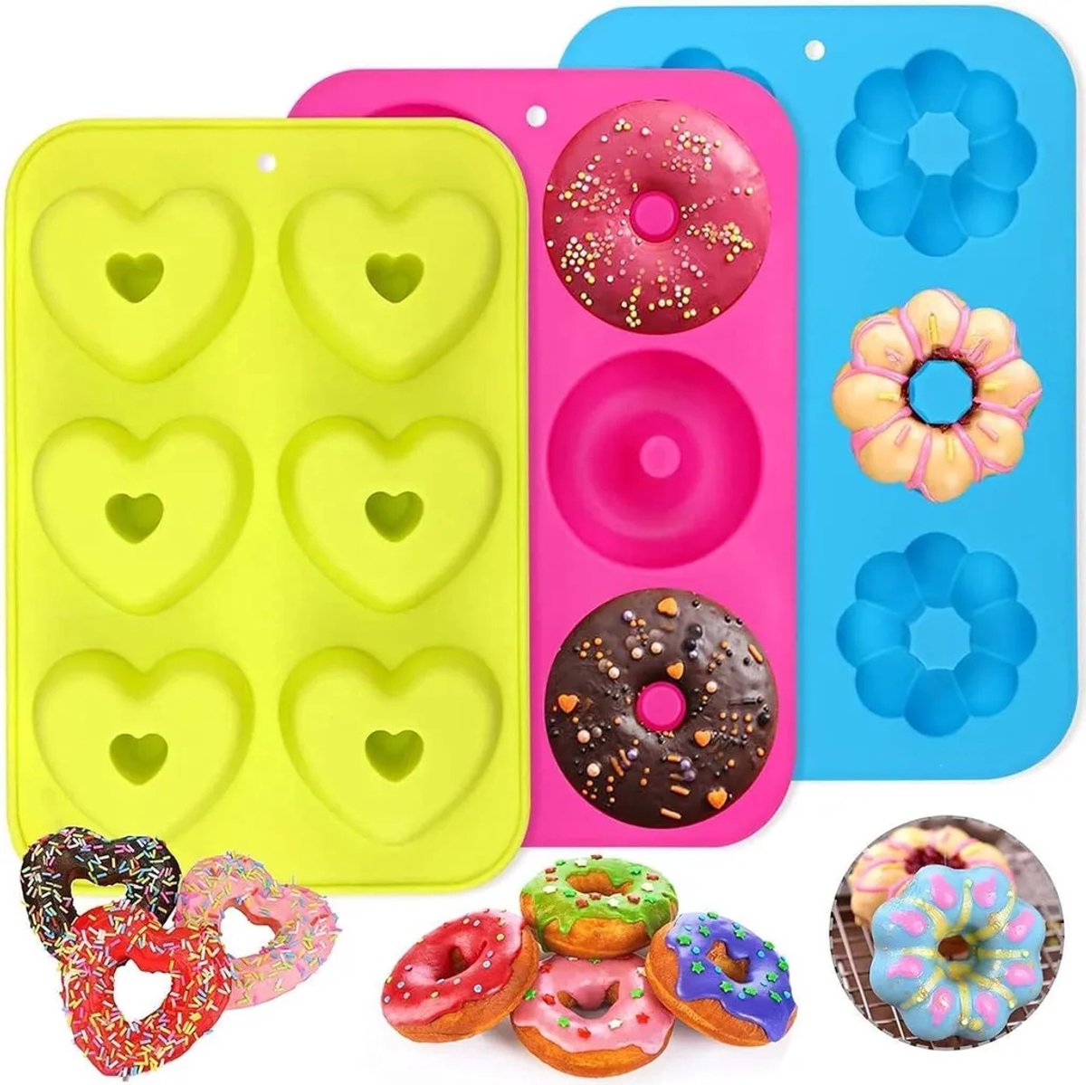 Siliconen donutvorm, 6 holtes, antiaanbaklaag, hittebestendig tot 260°C.
