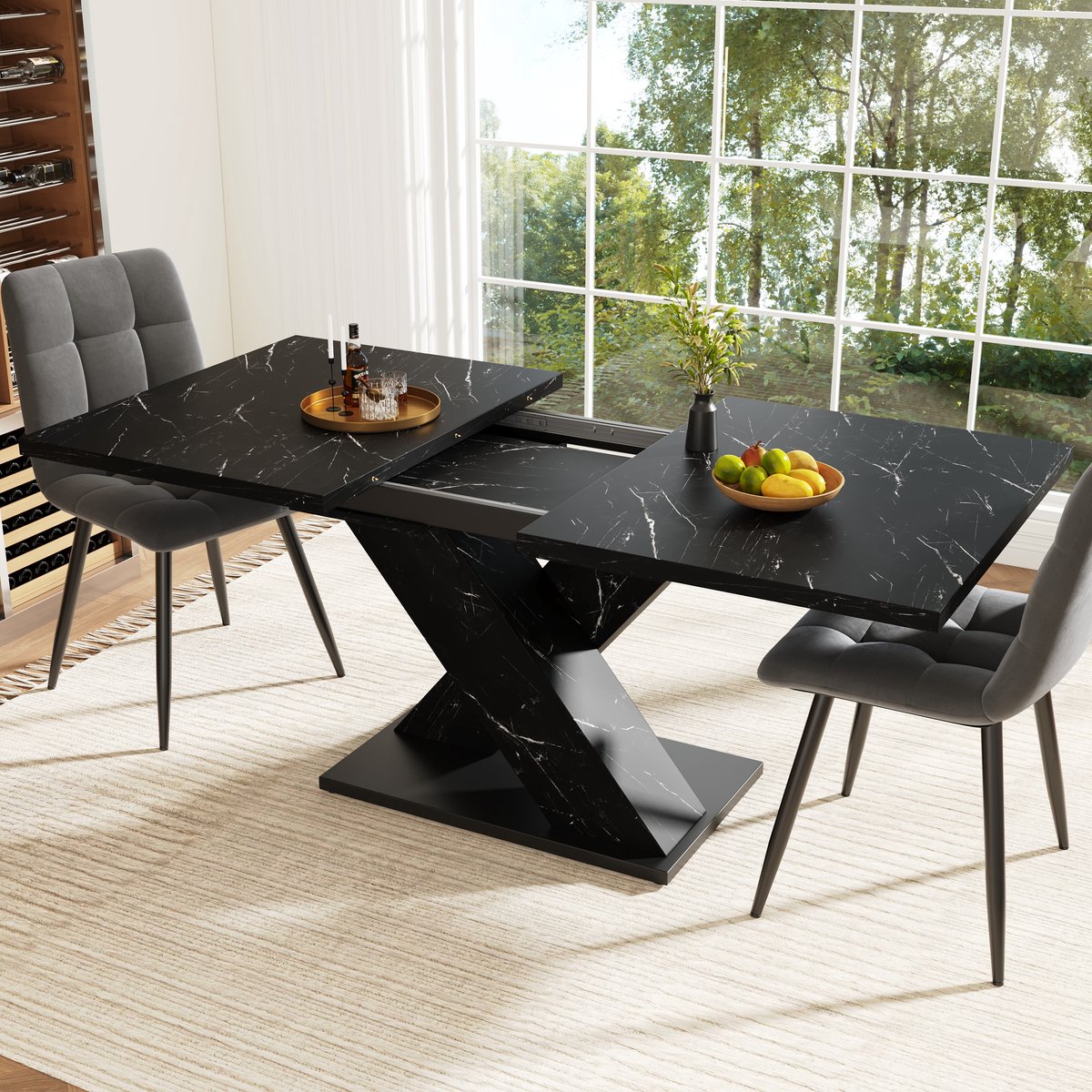 OKWISH Eettafel - Uitschuifbaar 4-6 Personen - X-Design Voor Keuken En Eetkamer - MDF Zwart - 119,5-158,5x80x75 cm