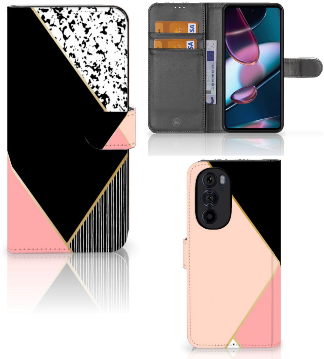 Motorola Edge 30 Pro Book Case Zwart Roze Vormen
