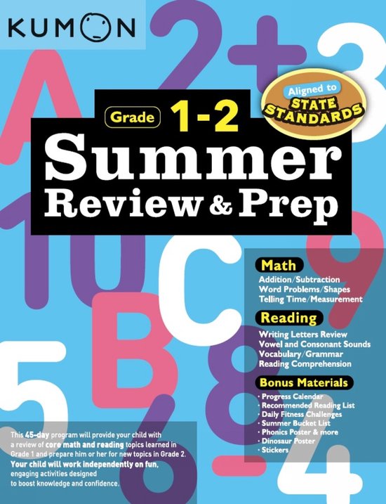 Kumon Summer Review & Prep Grade 1-2 boek, met grote gekleurde cijfers en letters op de achtergrond.