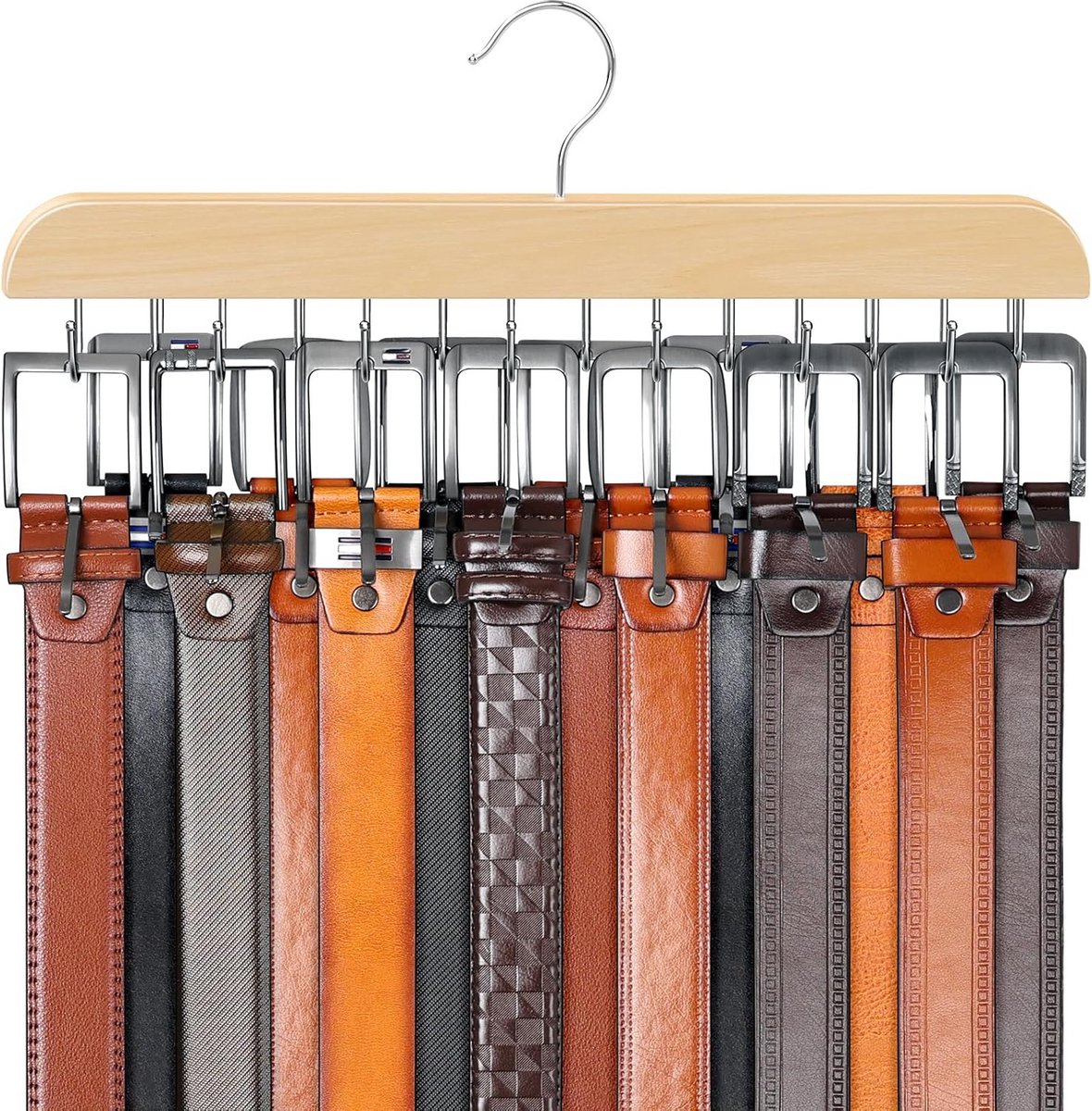 Houten riemhanger met 14 haken - Stevige organizer voor 42 riemen