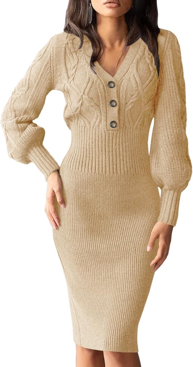 Dames Winter Lange Mouwen V-Hals Elegante Jurk met Knopen - Knielange Sexy Gebreide Midi Jurk voor Feestjes
