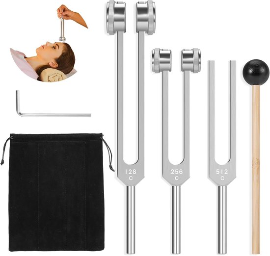 Chakra Stemvorken Set voor Geluidstherapie - 128Hz, 256Hz, 512Hz met Reflexhamer