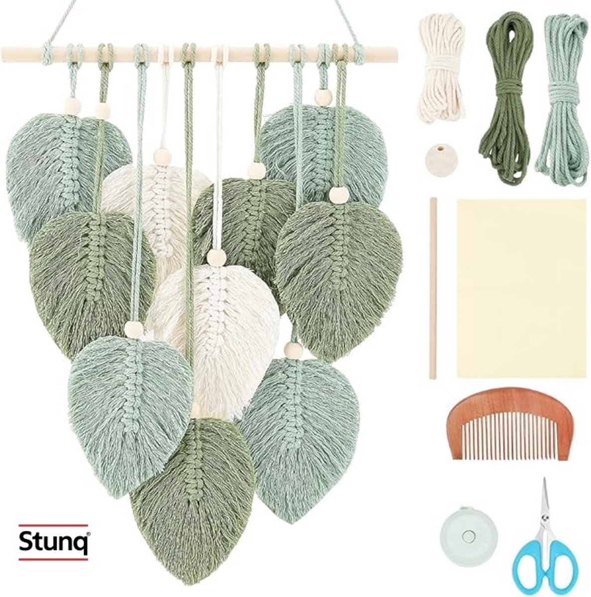 Complete macramé starterset voor wanddecoratie met houten stok en kralen