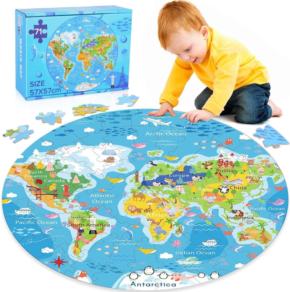 Educatieve legpuzzels voor kinderen - 71-delige wereldkaart voor kinderen van 3-8 jaar