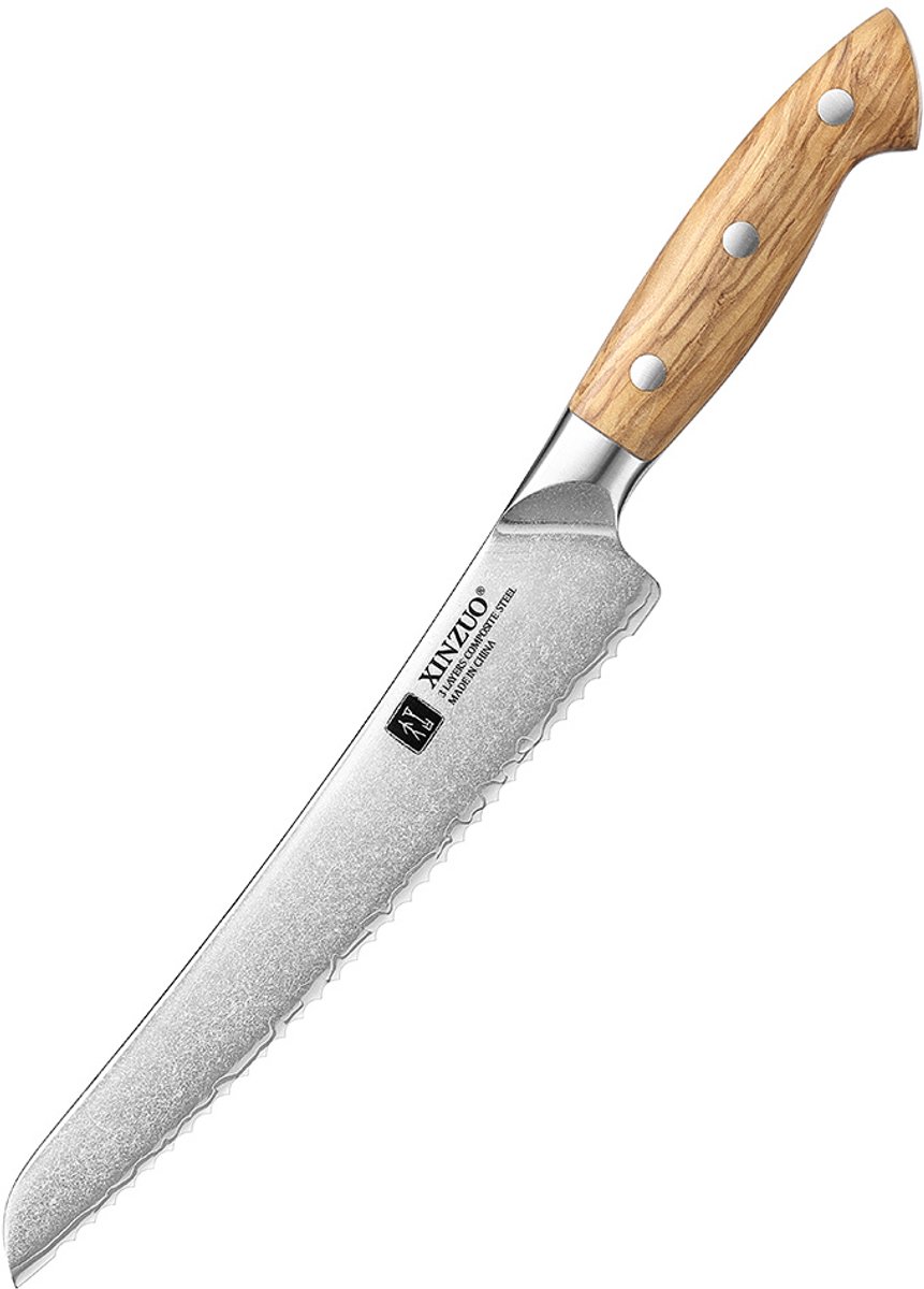 XinZuo X02O Pin Series Broodmes 21 cm – Professioneel Keukenmes – Olijfhouten Handvat – 3-Laags Composietstaal met Stonewash Afwerking