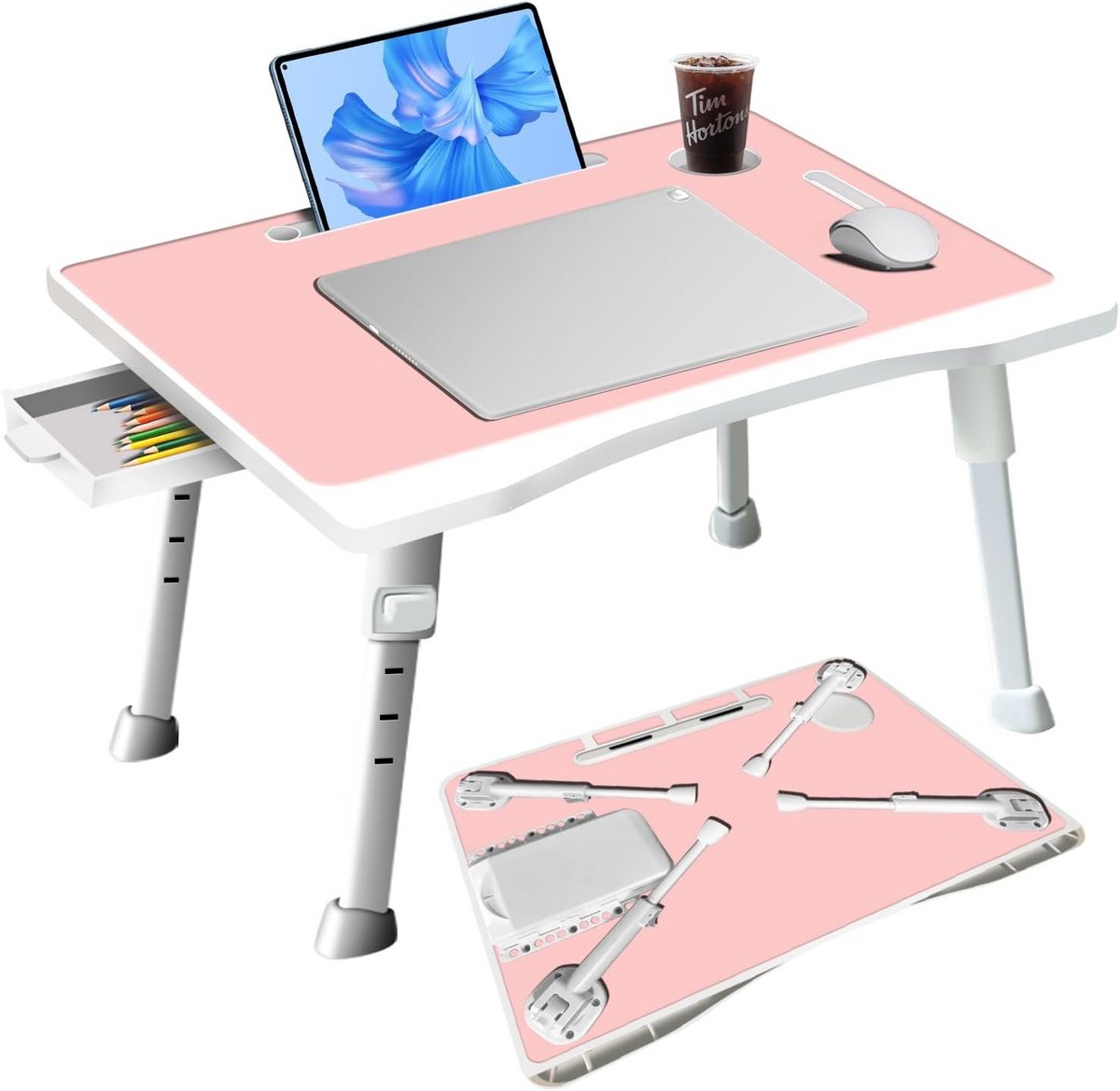 Verstelbaar laptopbureau met opvouwbare poten en opberglade voor comfortabel kniebureau gebruik