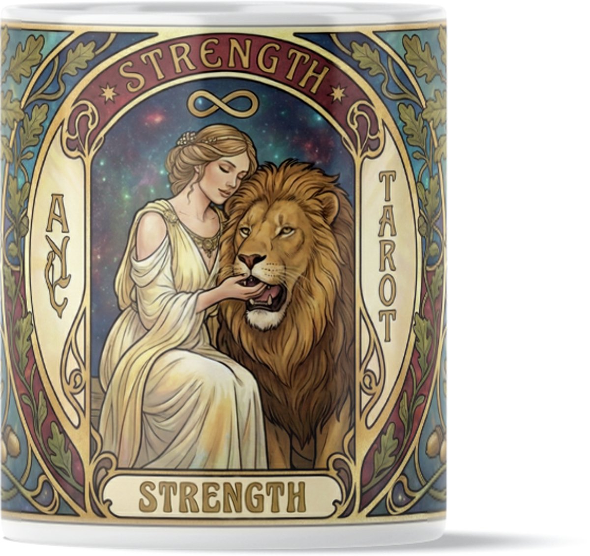 Mystieke Tarot Mok "Strength" (De Kracht) - Vintage Design met Leeuw & Eikenbladeren - Symbool voor Moed & Compassie - Hart onder de Riem - Elegant Art Nouveau Design - Spiritueel Cadeau voor haar: Vrouw, Vriendin of Collega - Vintage Illustratie