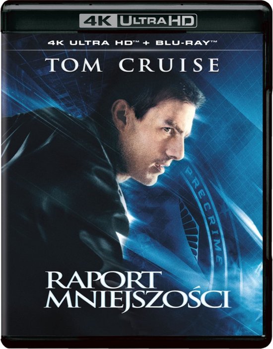 4K Ultra HD Blu-ray hoes van 'Minority Report' met Tom Cruise, tekst: 4K ULTRA HD, TOM CRUISE, PRECRIME, RAPORT MNIEJSZOŚCI.