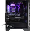 Zwarte MSI MAG Forge 120R Airflow gaming pc-behuizing, open aan de zijkant, met moederbord, GeForce RTX en rgb-koelers.