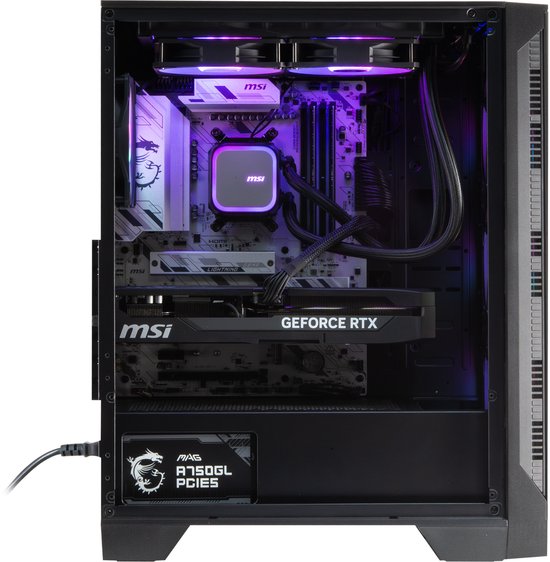 Zwarte MSI MAG Forge 120R Airflow gaming pc-behuizing, open aan de zijkant, met moederbord, GeForce RTX en rgb-koelers.