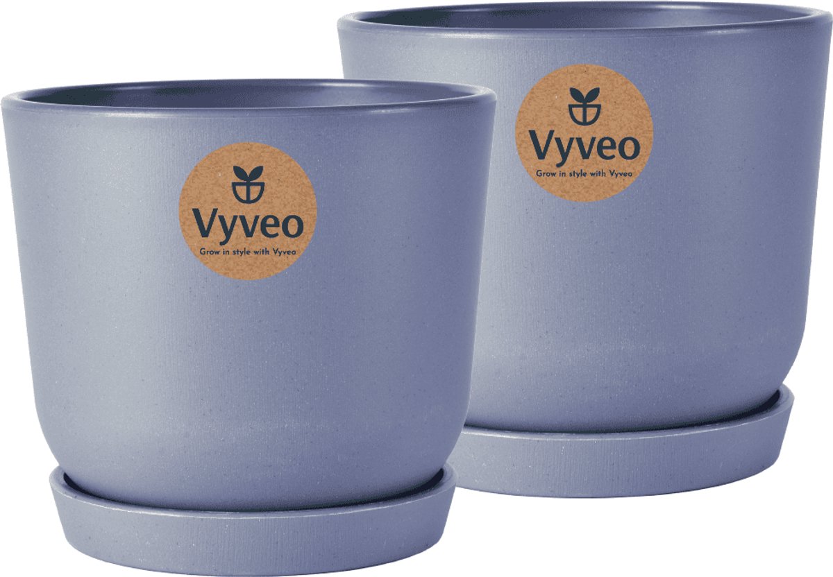 Vyveo - Bloempot Soren met onderzetter - Set van 2 - 16x14 - Donkergrijs - Bloempot voor binnen en buiten - Lichtgewicht - Breukbestendig - Vorstbestendig - UV-bestendig