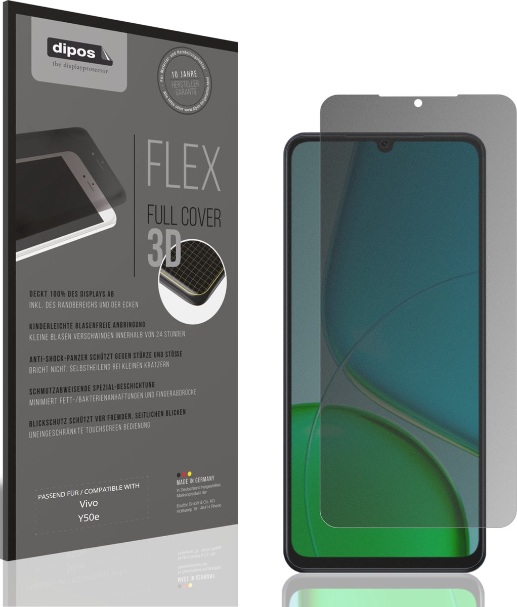 dipos FLEX – Matte Privacy Screenprotector geschikt voor Vivo Y50e | Volledige Schermbescherming | Case-Friendly