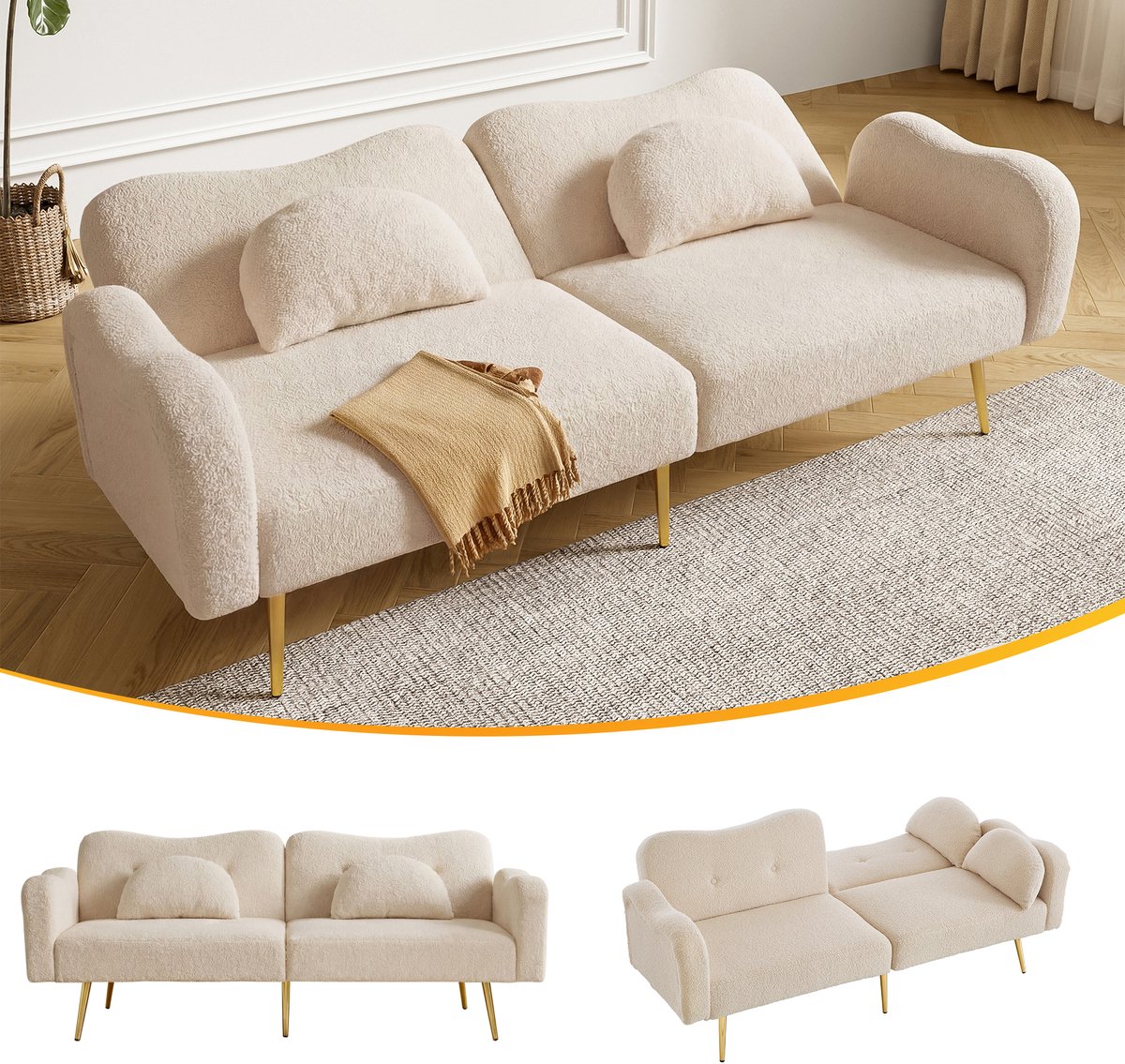 Slaapbank - 2-Zits - Modern met Verstelbare Rug - Met Gouden Poten - Stof - Beige met Naturel