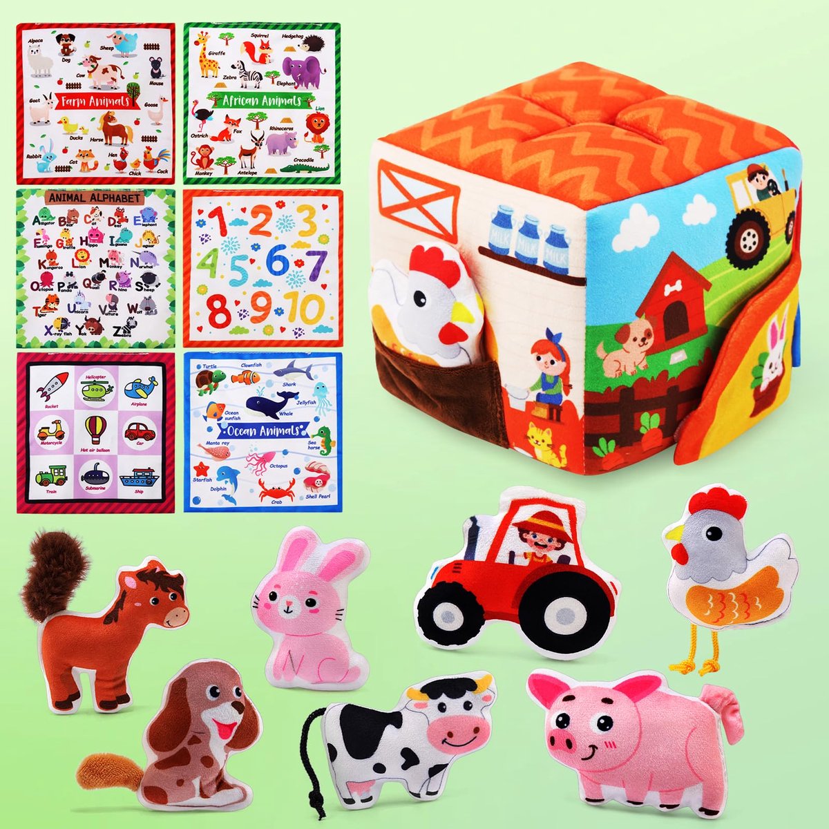 Montessori boerderij speelgoed voor baby's van 1 jaar - Ontwikkelingsdoos met rammelaar, boerderijdieren en doek - Educatief spel, speelgoed voor de motorische ontwikkeling van jongens en meisjes — afbeelding 2