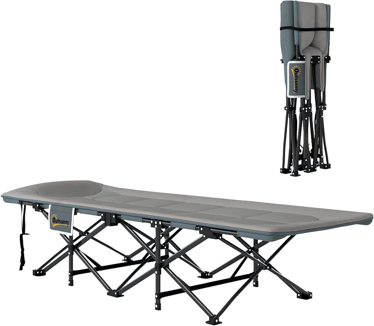 Opvouwbaar campingbed 1 persoon met kussen en zijvak - Grijs