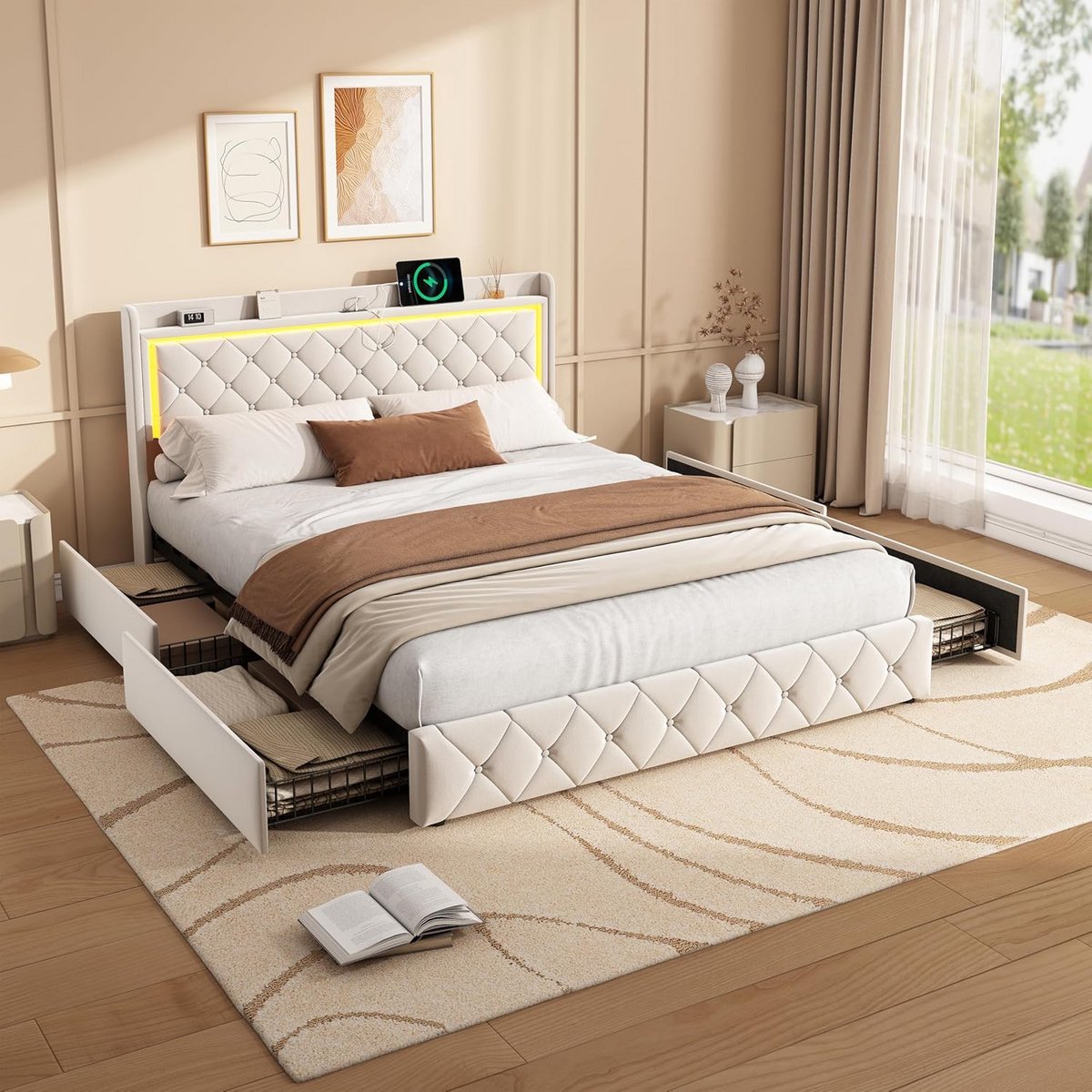 Tweepersoons Boxspringbed 140x200 cm met Opbergruimte, Lattenbodem en USB Laadfunctie in Hoofdbord