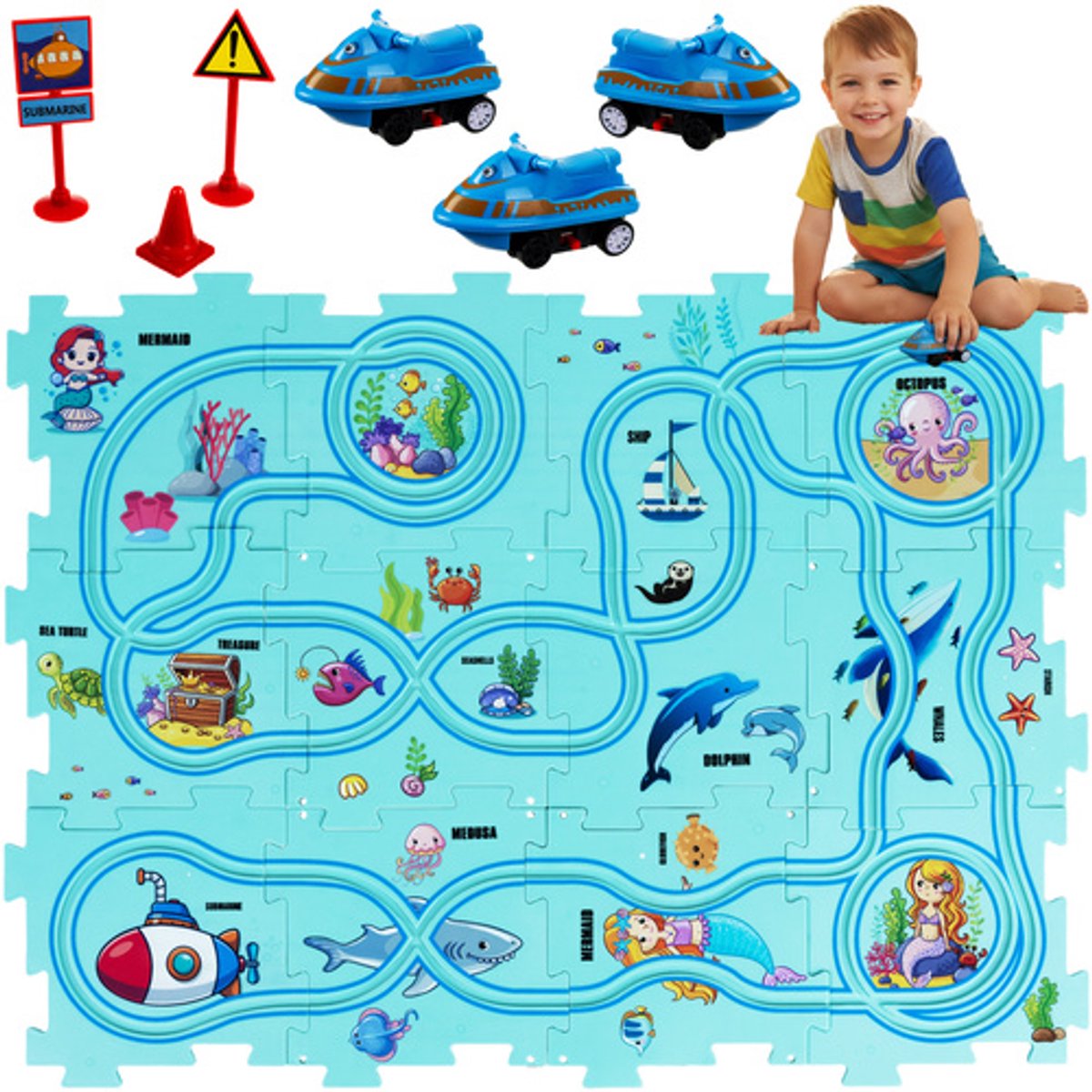 Playos® - Puzzeltrack - met 3 Voertuigen - 25 delig - Puzzel - XXL Puzzelstukken - Bouwen - Speelgoedvoertuigen - Auto - Speelgoedauto - Speelgoed